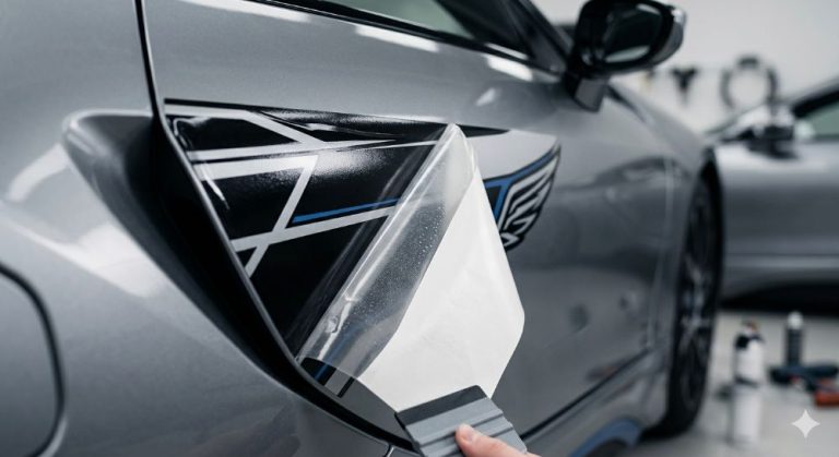 Premium Vinyl Car Decal Professional Application with Squeegee Tool on Silver Bodywork