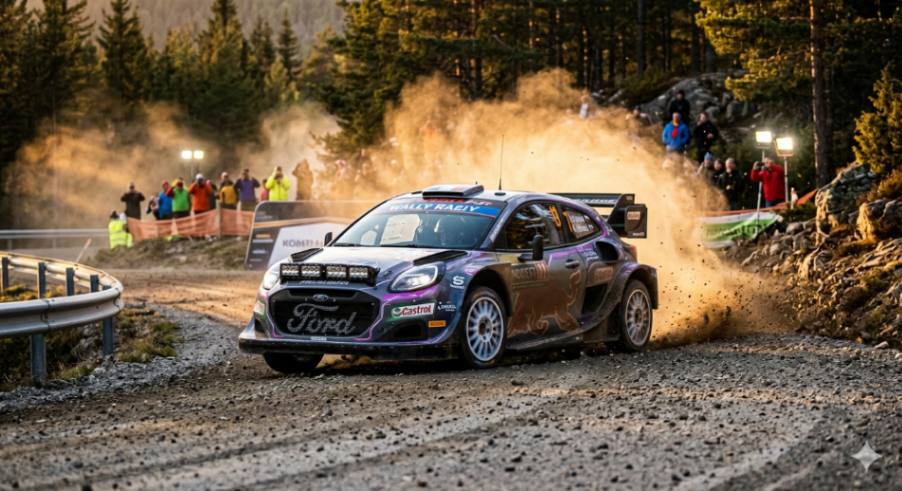 A multi-colored Ford rally car races along a gravel road, kicking up dust on a sunny day. People watch from the side of the track. The surrounding area is hilly with green trees.