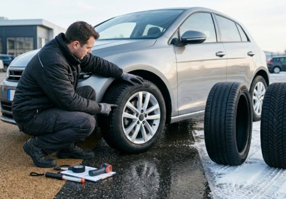Автомеханік оглядає автомобільні шини для різних сезонних умов.