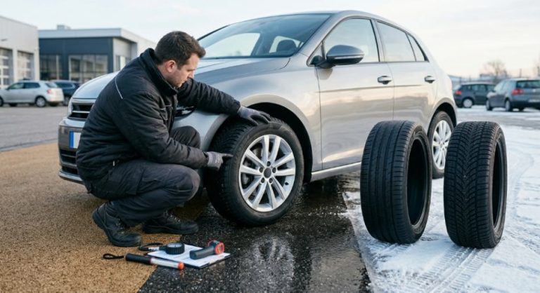 Автомеханік оглядає автомобільні шини для різних сезонних умов.