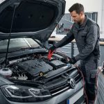 Автомеханік підключає зарядний пристрій до акумулятора авто.