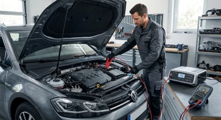 Автомеханік підключає зарядний пристрій до акумулятора авто.