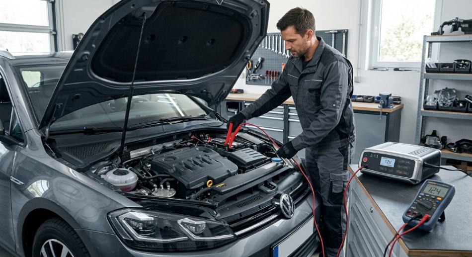 Автомеханік підключає зарядний пристрій до акумулятора авто.
