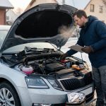 Чоловік перевіряє двигун автомобіля під відкритим капотом узимку.