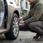 Чоловік перевіряє тиск у шині автомобіля цифровим манометром.