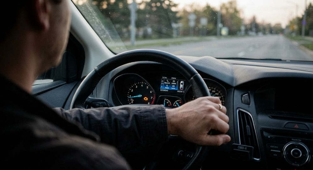 Чоловік у куртці керує сучасним автомобілем на міській дорозі
