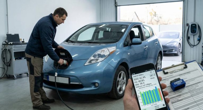 Діагностика стану батареї уживаного електромобіля Nissan Leaf через OBD2.