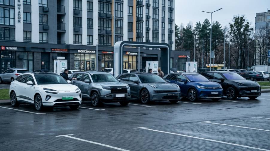 Лінійка з п'яти китайських електромобілів на міській парковці біля зарядної станції.